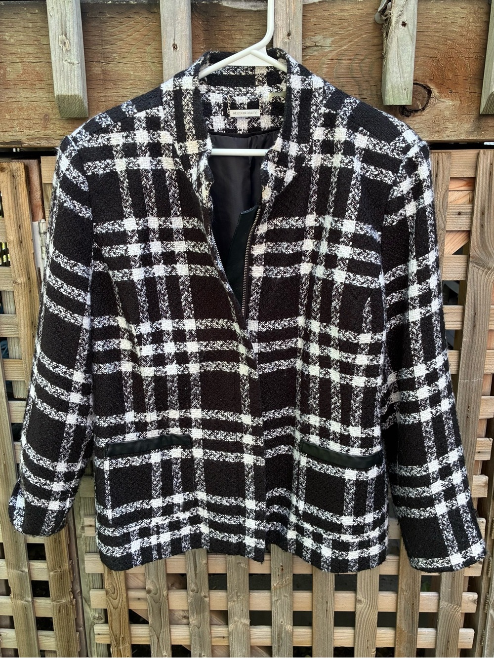 Allison Daley Black and White Plaid Zip-Front Blazer